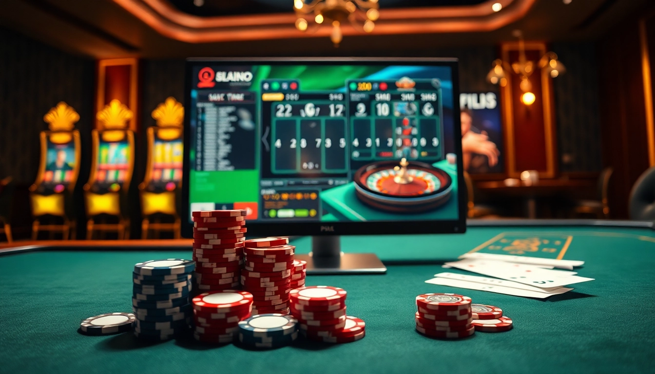 Scène de jeu en ligne captivante mettant en avant un casino fiable en ligne et des machines à sous vibrantes.