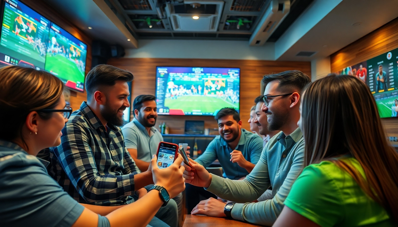 Engaged bettors enjoying the best sportsbooks in Mexico with lively sports action in the background.
