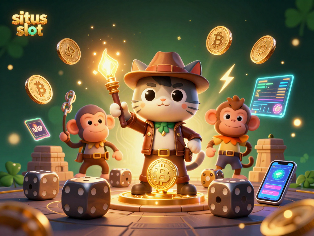 Engage in situs slot adventures with a treasure-seeking explorer cat uncovering a golden casino artifact.