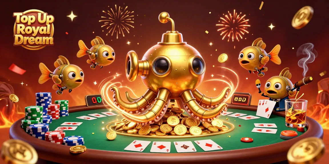 Mengisi ulang Top Up Royal Dream dengan metode cepat dan aman, gambar ilustrasi 3D menampilkan karakter dan elemen permainan kasino.