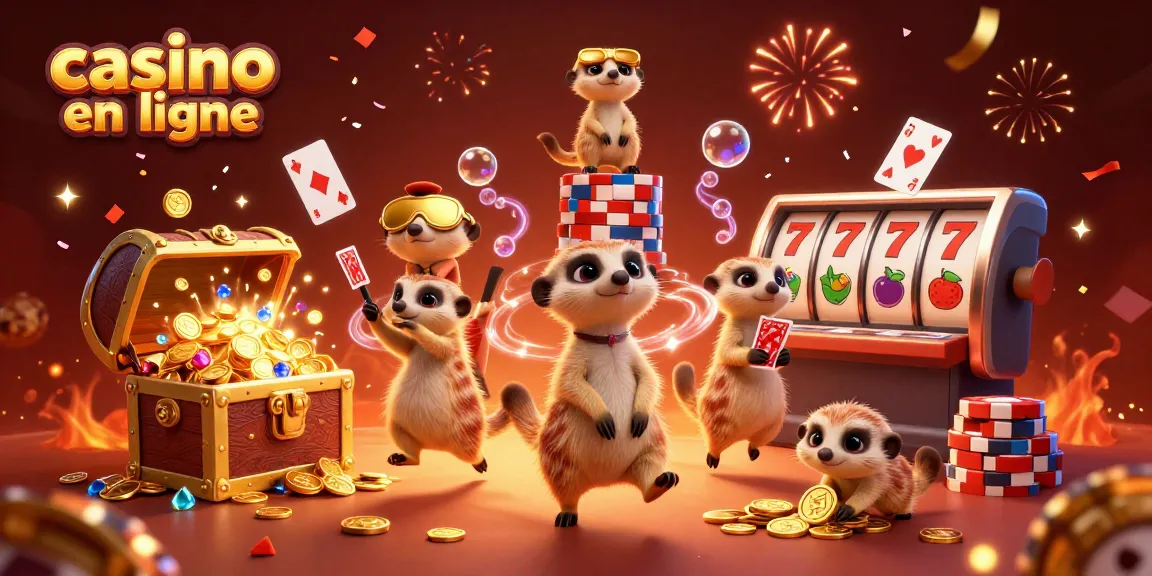 Jouez à des jeux passionnants dans un casino en ligne avec des suricates gérants et des éléments de casino colorés.