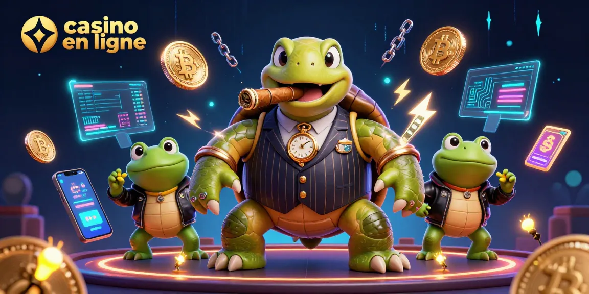 Jouez au casino en ligne avec un monde dynamique de personnages de style cartoon, illuminé par des jetons Bitcoin.