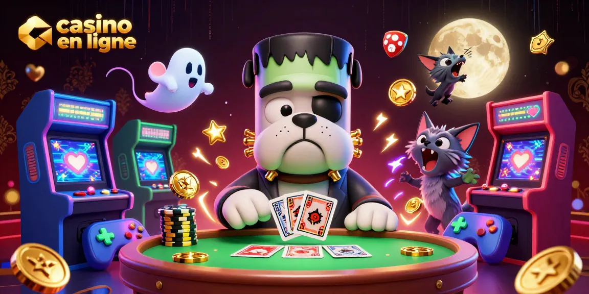 Une scène de jeu captivante au casino en ligne avec un bulldog Frankenstein, un chat-loup et des éléments de jeux dynamiques.