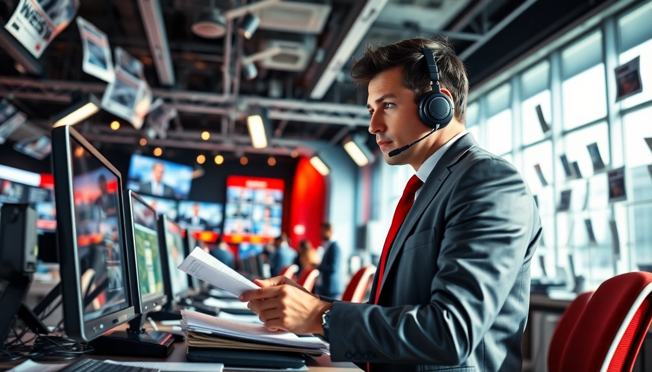News journalist passionately reporting in an active newsroom with vibrant energy.