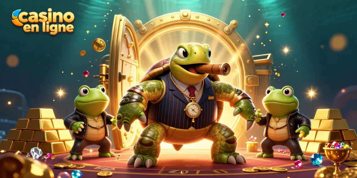 Le casino en ligne offre une scène attractive d'une tortue mafieuse entourée de joyaux.