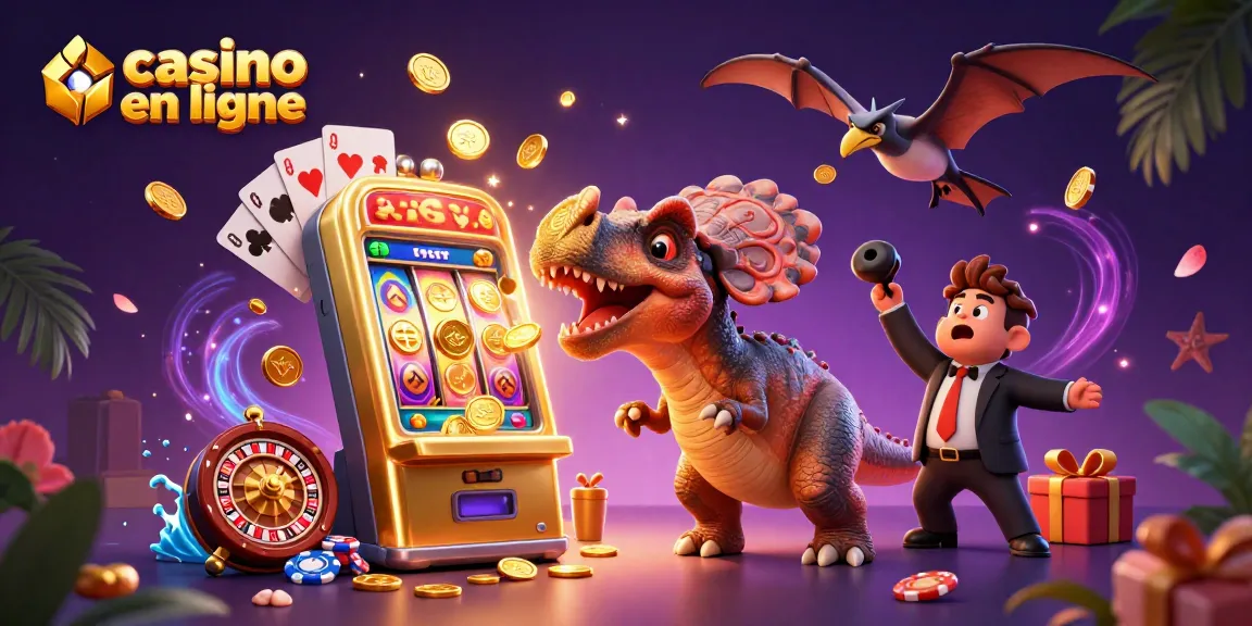 Casino en ligne : un pachycephalosaurus tentant une machine à sous dorée avec un ankylosaure et un ptéranodon.