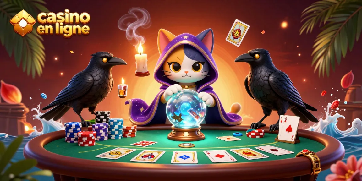 Illustration captivante représentant un casino en ligne avec un chat mystique et un corbeau, entourés de jeux de poker.