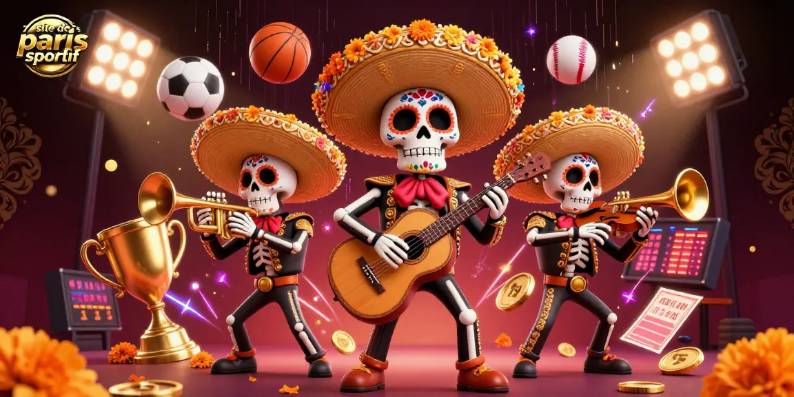 Visuel dynamique de site de paris sportif avec des squelettes mariachi et des éléments sportifs.