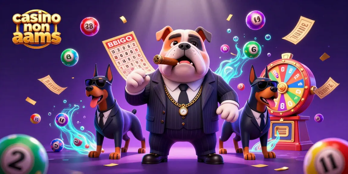 Immagine dinamica di un bulldog mafia e dobermann in un vivace casino non aams, con palline della lotteria e carte da bingo.