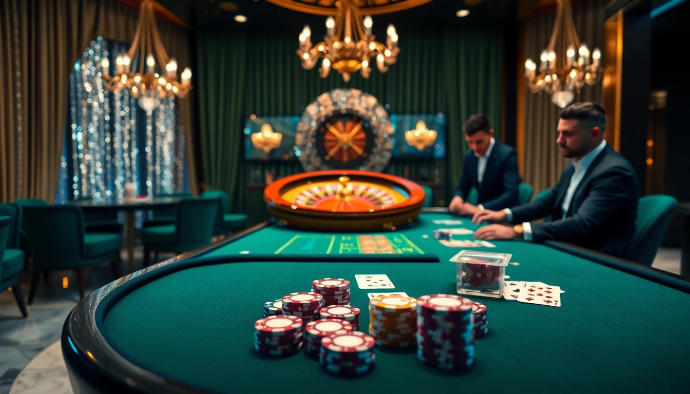 Exciting 8KBET gaming table with poker chips and cards in a luxurious casino.