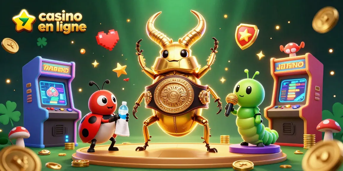 Illustration dynamique de casino en ligne : scarabée doré boxeur, coccinelle entraîneur, et chenille annonceur sur scène.