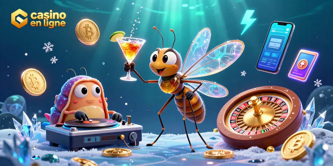 Visualisez un casino en ligne avec un personnage mascotte vibrant et des éléments sur la cryptomonnaie, ambiance dynamique.