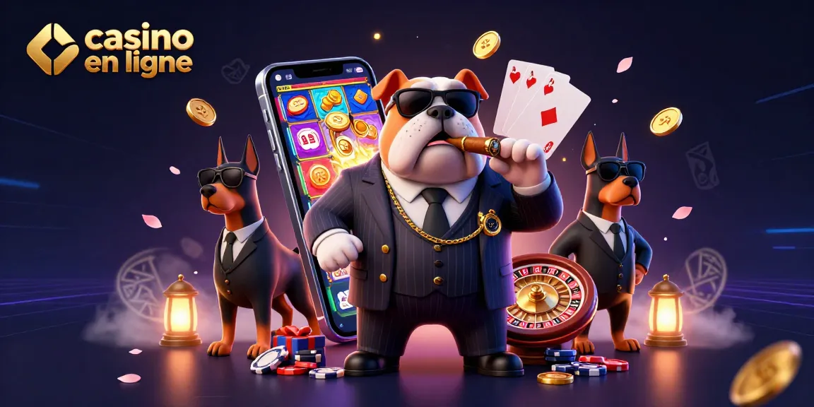 Exploration de l'univers du casino en ligne avec un bulldog mafieux et ses gardes dans un décor animé.