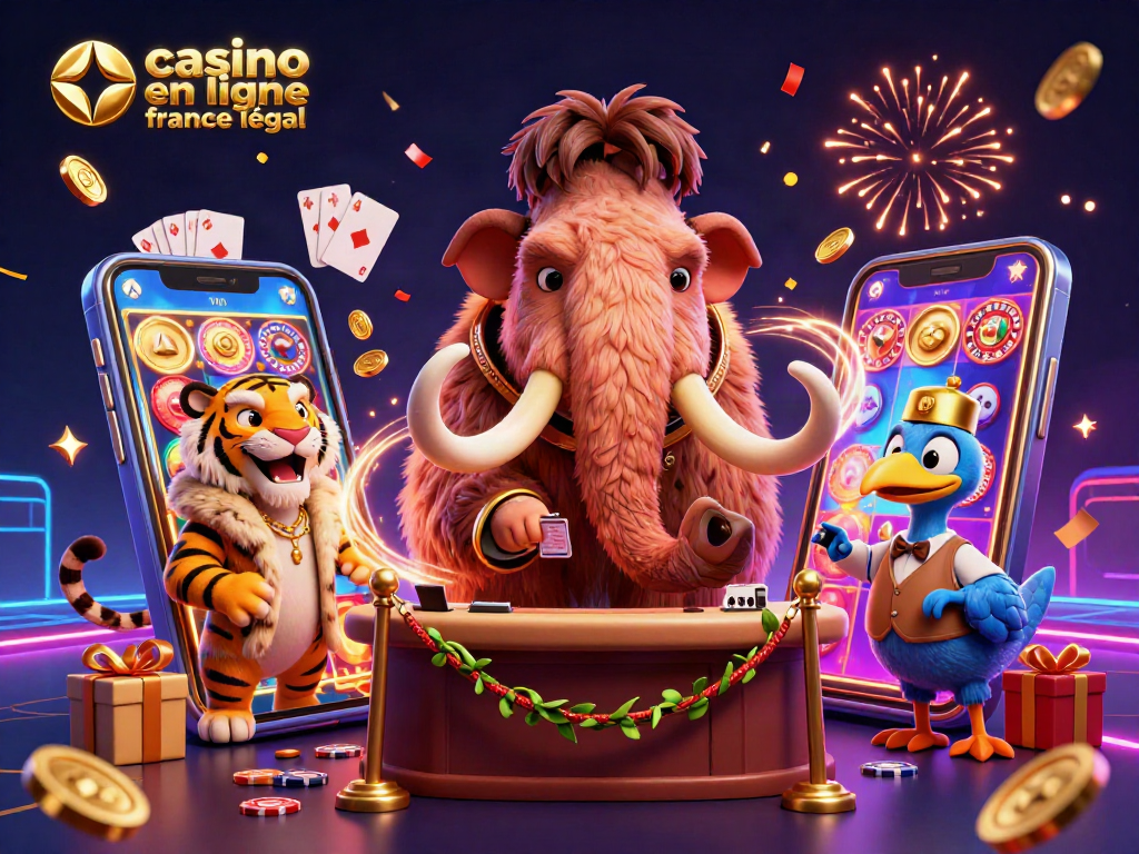 Explorez le casino en ligne France légal avec notre illustration riche en jeux et en personnages colorés.