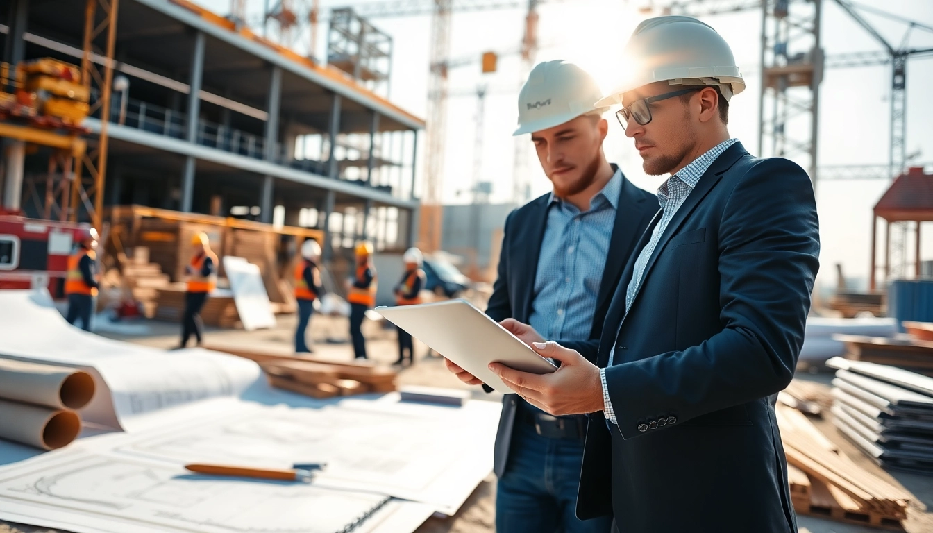 Engaged construction developer reviewing plans on site with dynamic background activity.