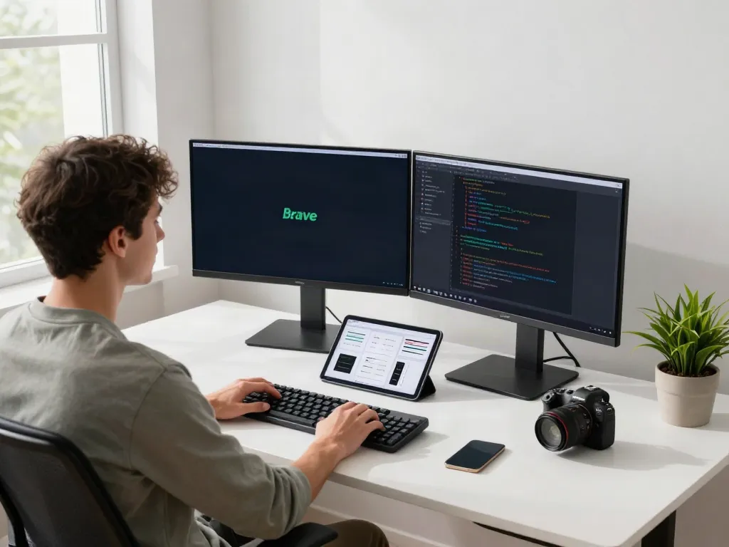 Brave浏览器 displayed on dual monitors in a modern tech workspace.
