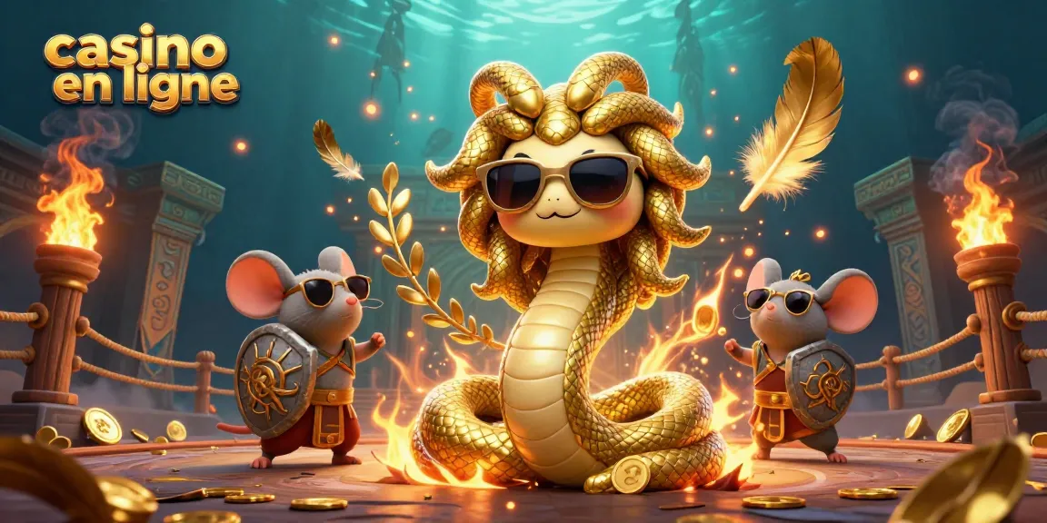 Jouez à un casino en ligne avec Medusa et un guerrier souris dans une illustration dynamique pleine d'énergie