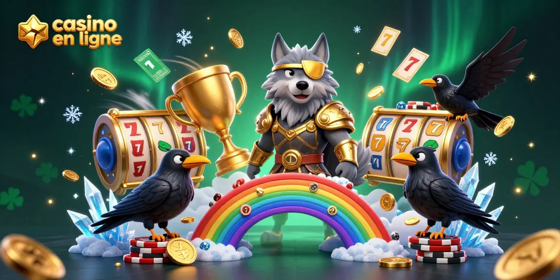 Image dynamique de casino en ligne avec un loup Odin et des corbeaux, symbole de gains et de divertissement
