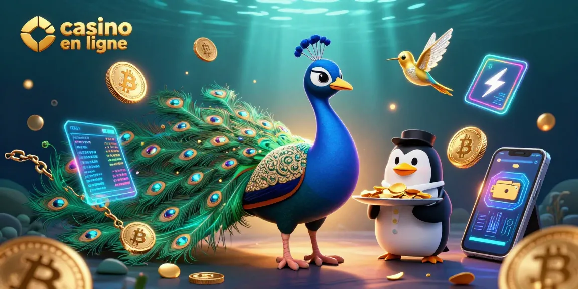 Créer une atmosphère de casino en ligne avec une illustration détaillée montrant un paon aristocratique et un pingouin serveur.