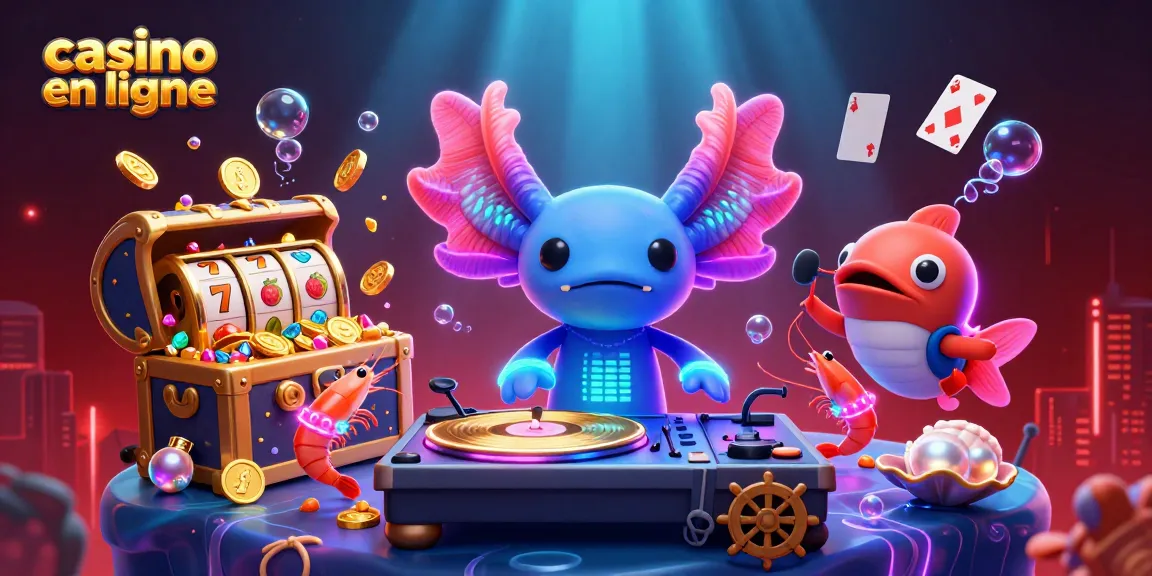 Jouer au casino en ligne avec une illustration ludique d'un DJ axolotl et des créatures marines dans un cadre vibrant.