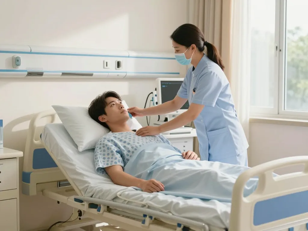 Modern hospital bed (giường bệnh nhân) in a patient room with a nurse assisting, showcasing healthcare comfort.
