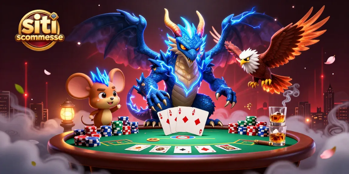Scopri i migliori siti scommesse con un drago e un falco che animano il tavolo da poker.