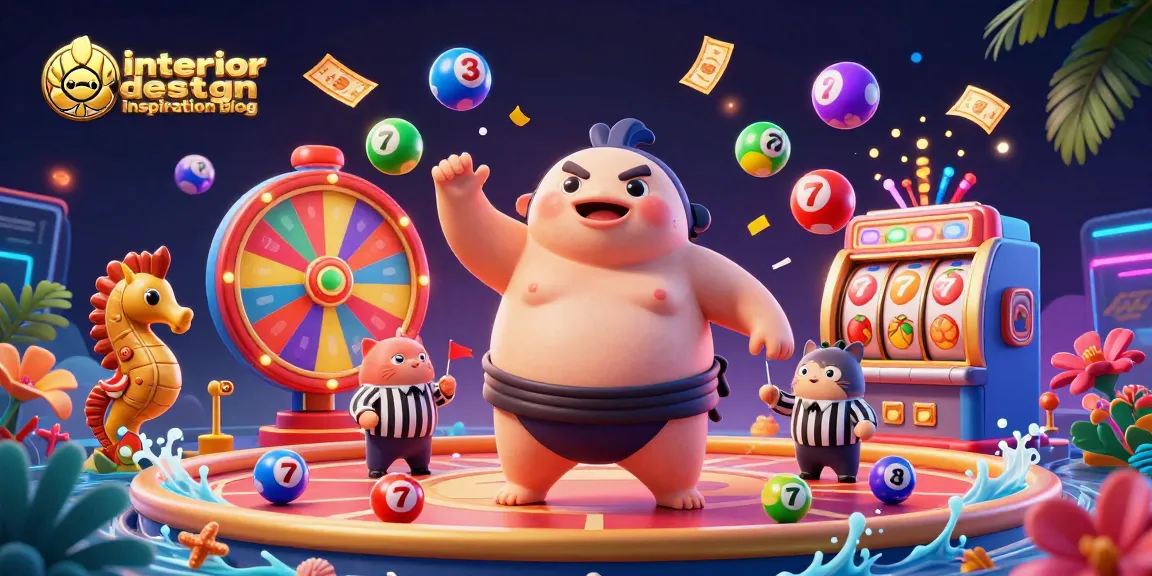 Engage with the interior design inspiration blog through a vibrant casino-themed underwater scene featuring a fugu character and dynamic game elements.