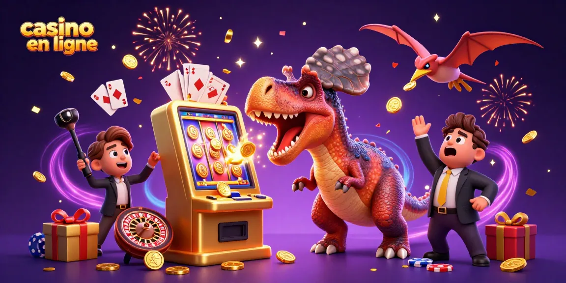 Illustration 3D animée représentant un casino en ligne avec des dinosaures animés et des machines à sous.