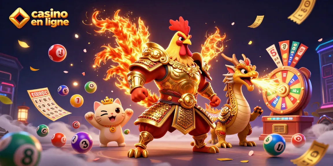 Scène vibrante de casino en ligne avec des personnages animés et des éléments de jeux colorés.