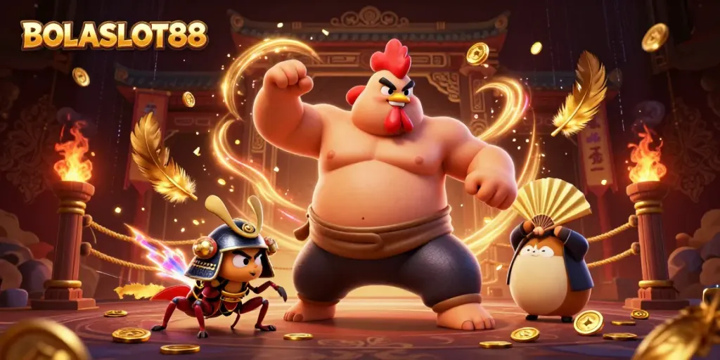 BOLASLOT88 depicts colorful characters in a dynamic gambling arena illustrating vibrant gameplay energy.