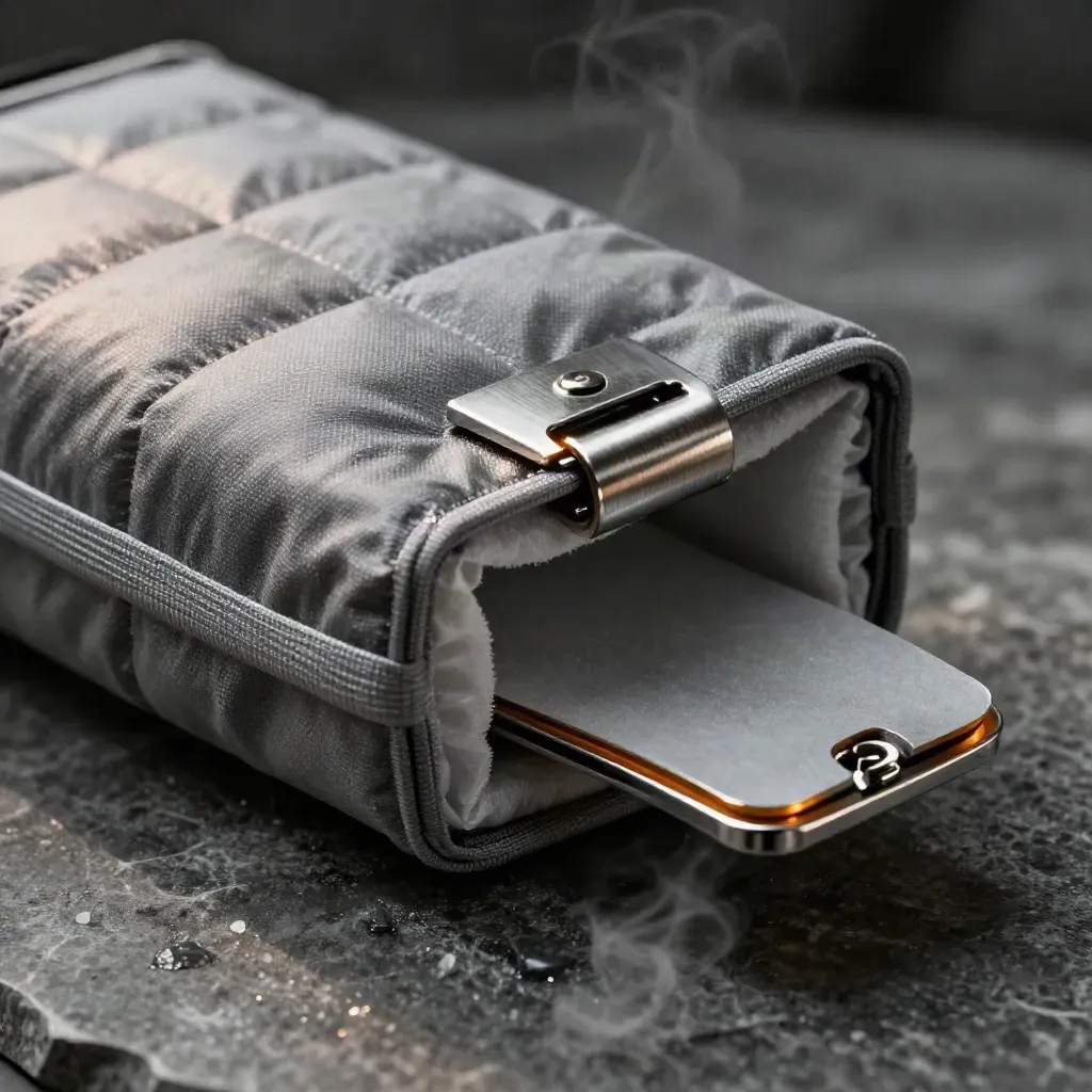 Cold-chain vial case with gel packs and steel clip on brushed stone, lit in amber haze.