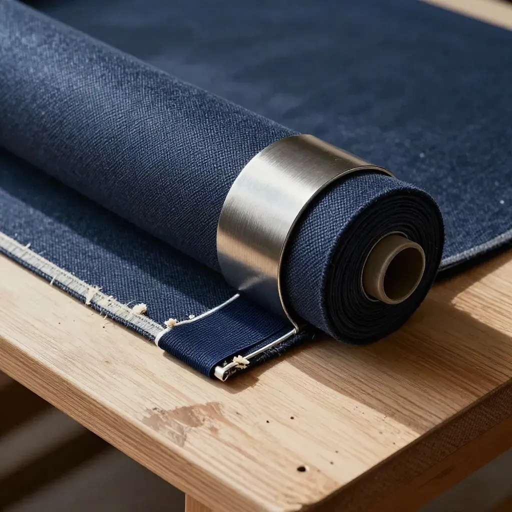Top-down textile bolt, banding clamp and spool core on pale wood with navy strap and soft shadows.