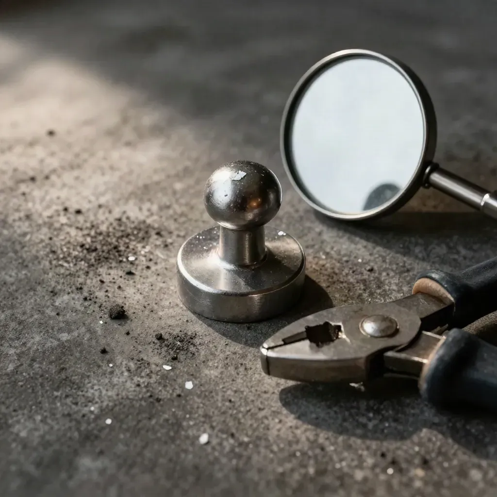 Customs bolt seal, inspection mirror, and locking pliers on dark concrete in macro light.