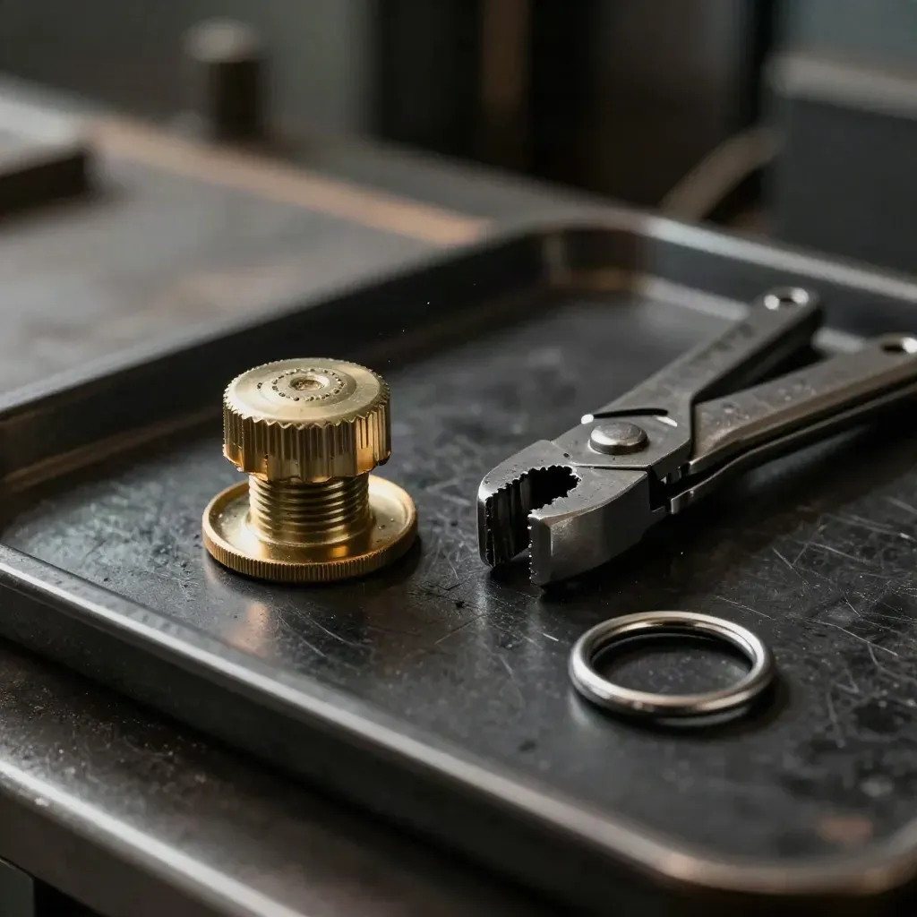 Snapped bolt seal, cutter, and split ring on blackened steel in dramatic side light.