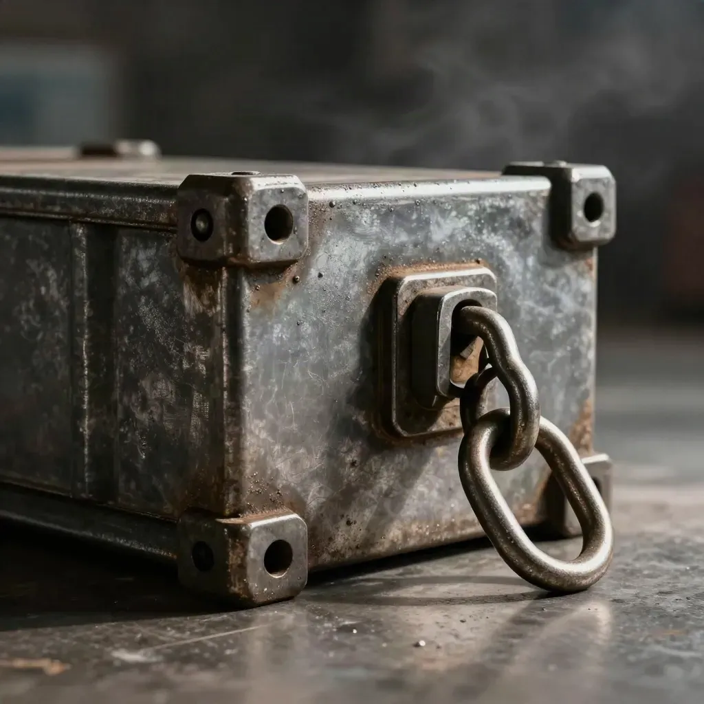Shipping container lock hardware on brushed steel with misty industrial shadows