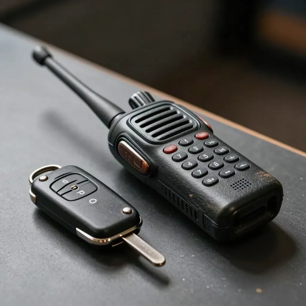 Macro of a vibrating radio handset, pager, and truck key fob on a dark bench.