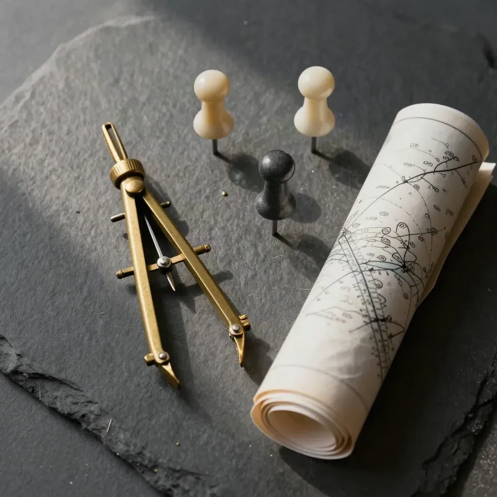 Brass compass, route pins and a folded map tube on slate in soft daylight.