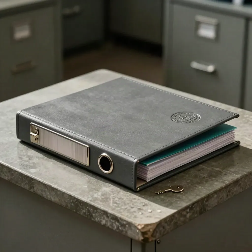 Closed compliance binder, binder clips and seal stamp on brushed stone under dramatic side light.