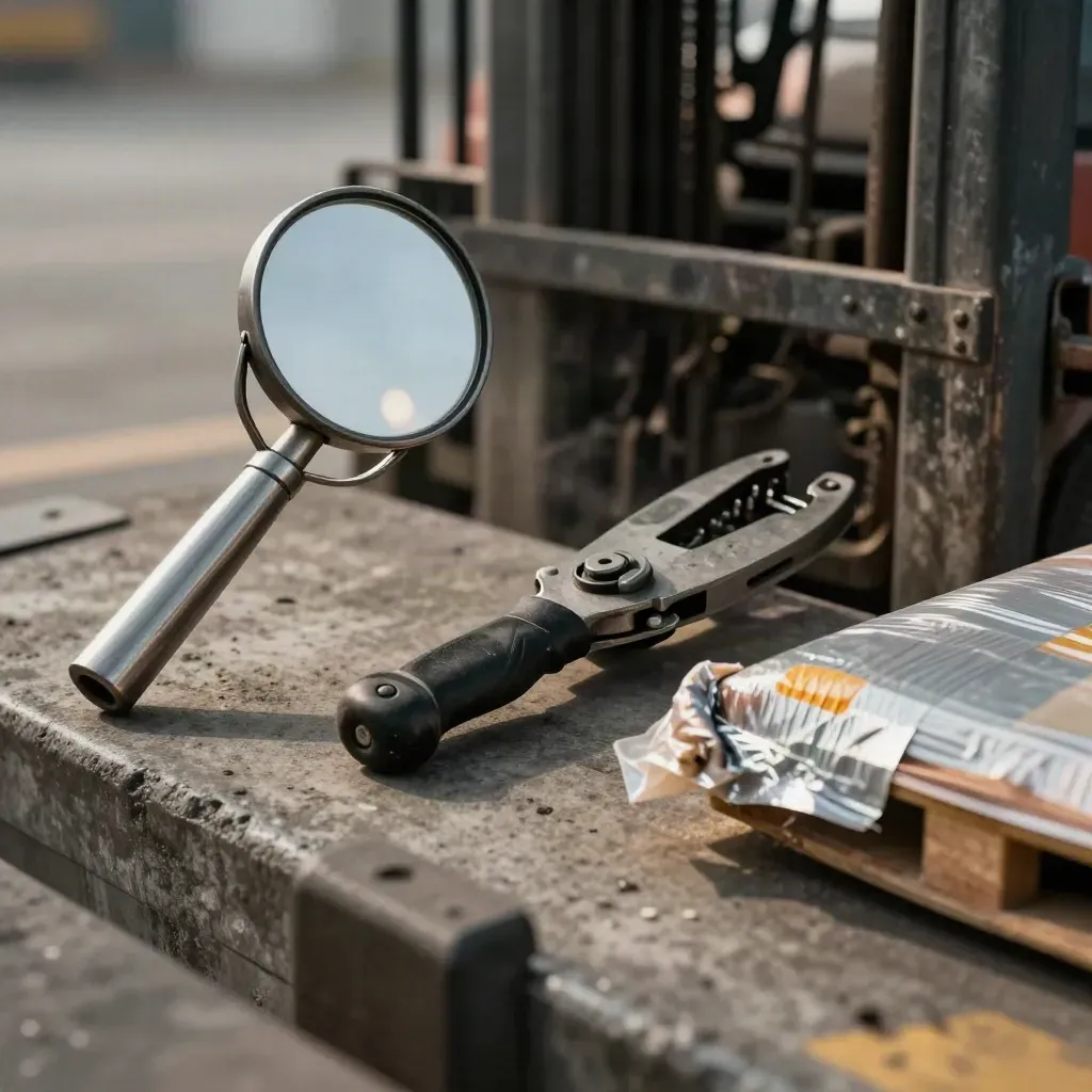 Cargo inspection tools beside a sealed pallet corner, seen through blurred forklift tines.