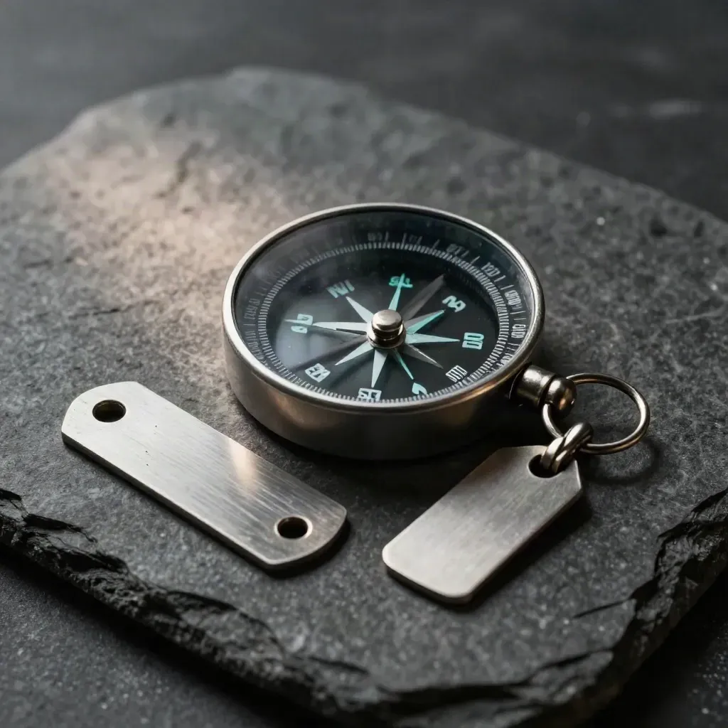 Folded route compass with metal lane markers and dispatch token on charcoal stone