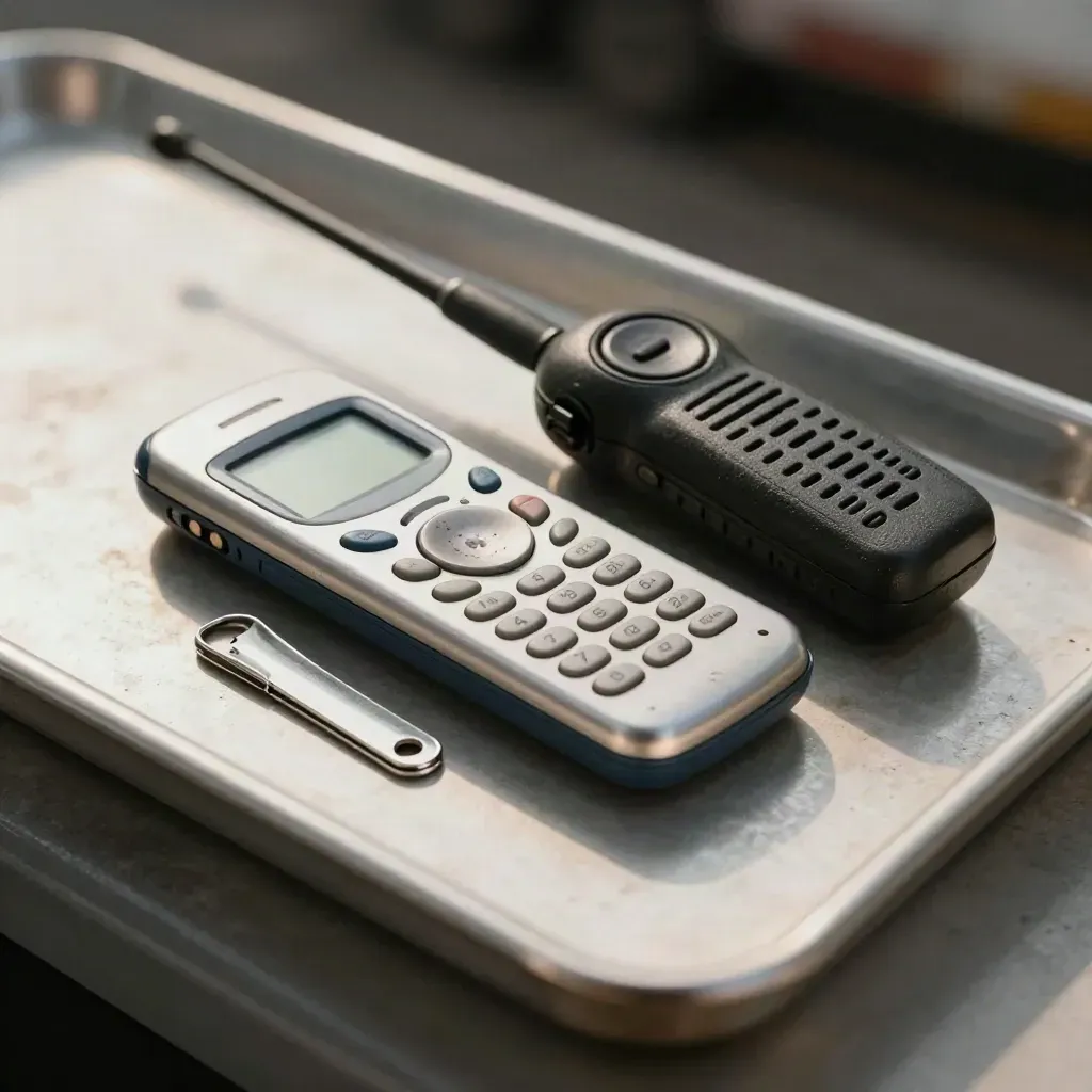 Scuffed pager and radio handset on a metal tray in dark dispatch light.