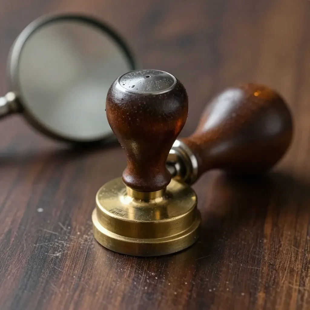 Brass customs stamp, tamper seal and inspection mirror on dark walnut with amber bokeh.