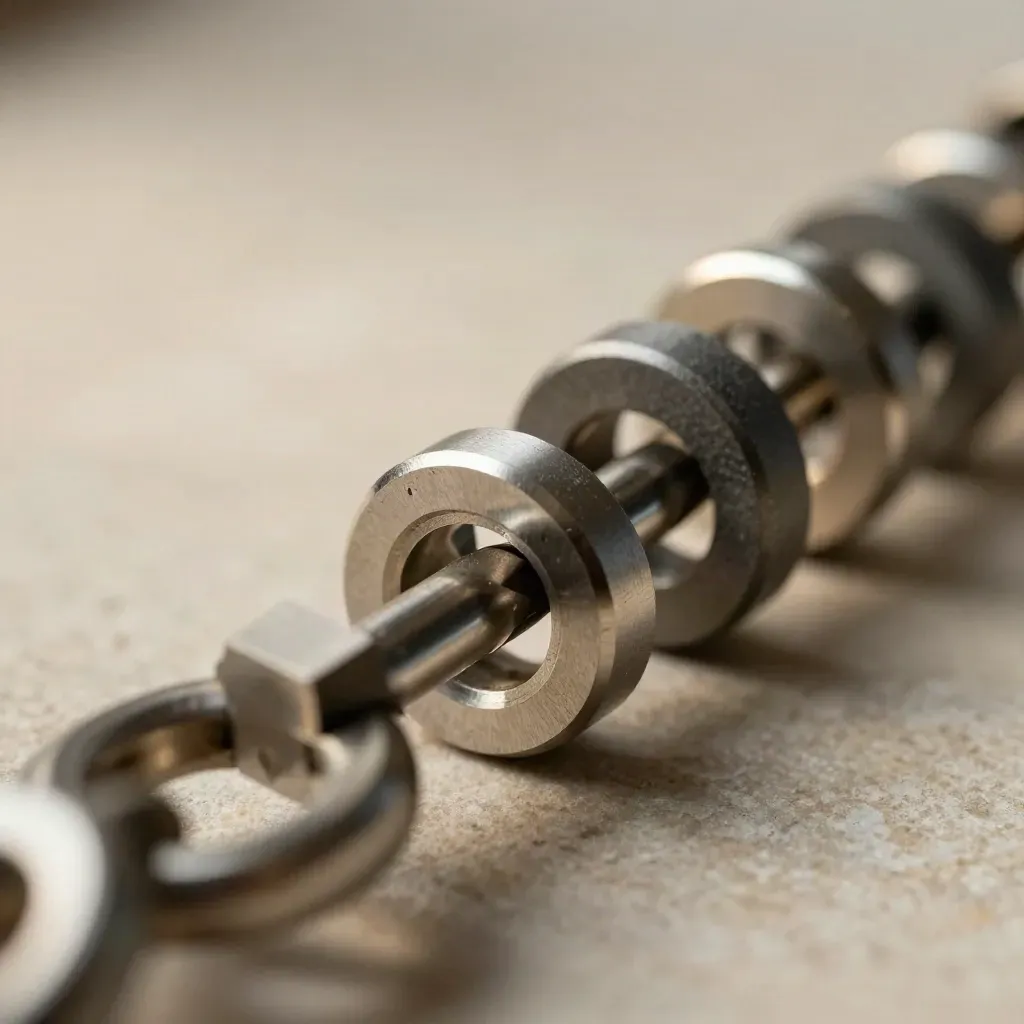 Macro still life of interlocking steel rings, spacers, and connector blocks on a neutral surface.