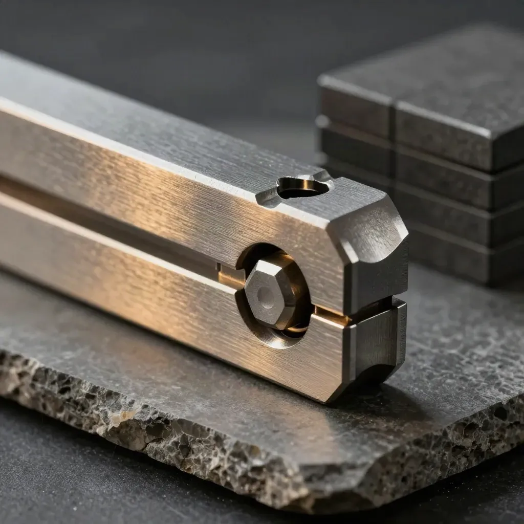Steel modular plates, hex spacer, and graphite blocks lit dramatically on a limestone slab.