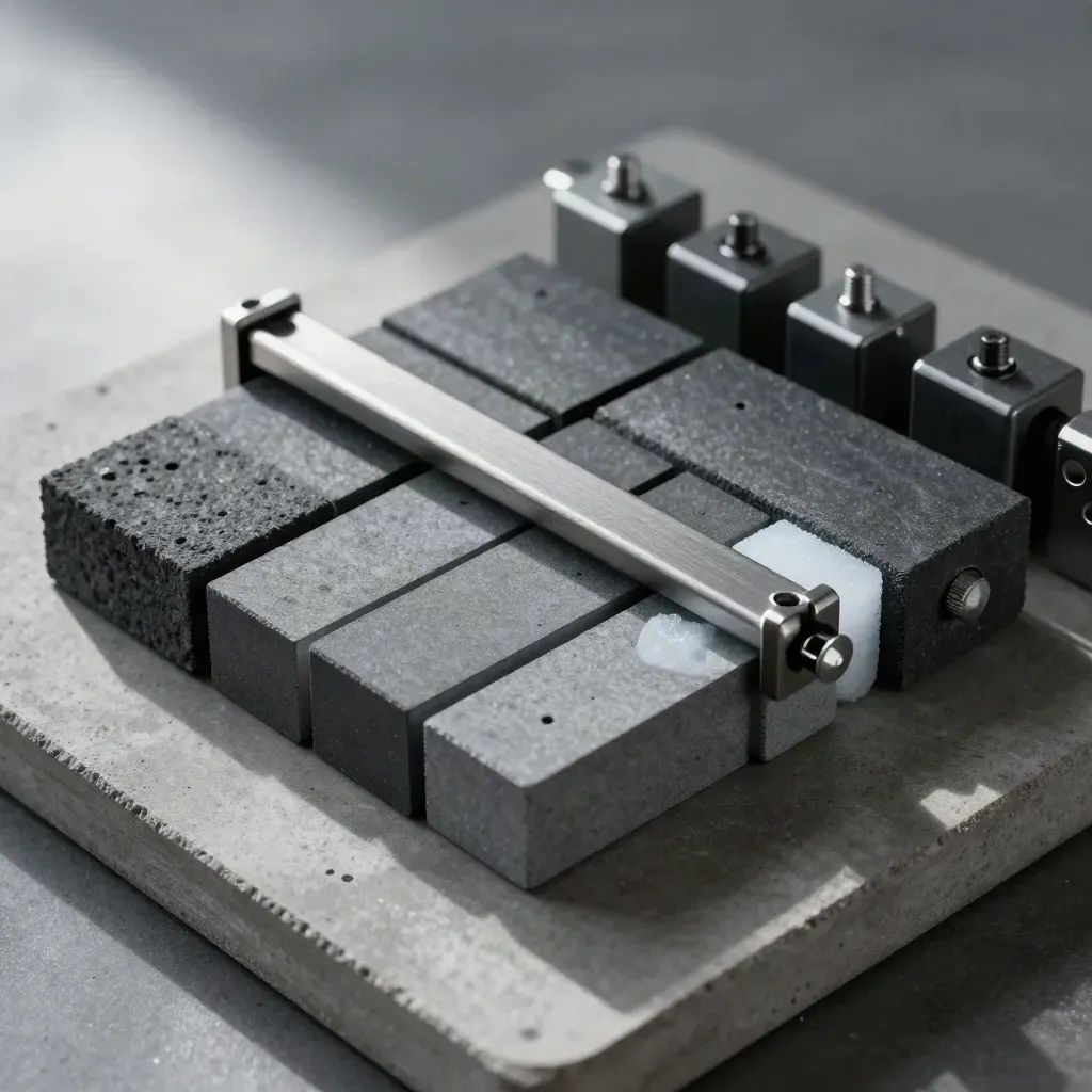 Overhead still life of graphite blocks, a clamp bar, and a satin bridge piece on cool concrete.