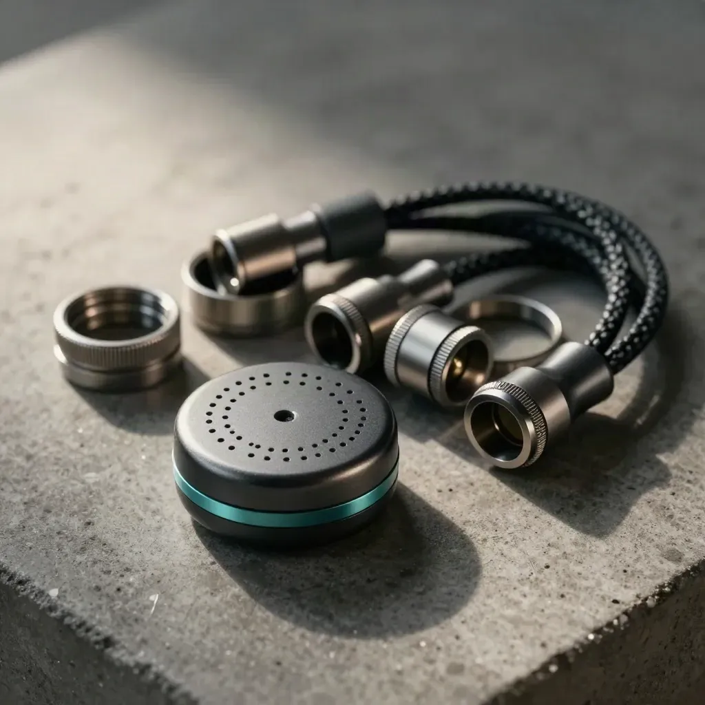 Sensor puck, cable couplers and precision rings on smoked concrete with steel-teal accent