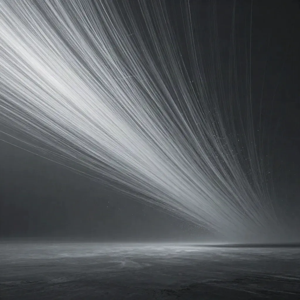 Silver particle filaments bloom in graphite haze with calm copy space
