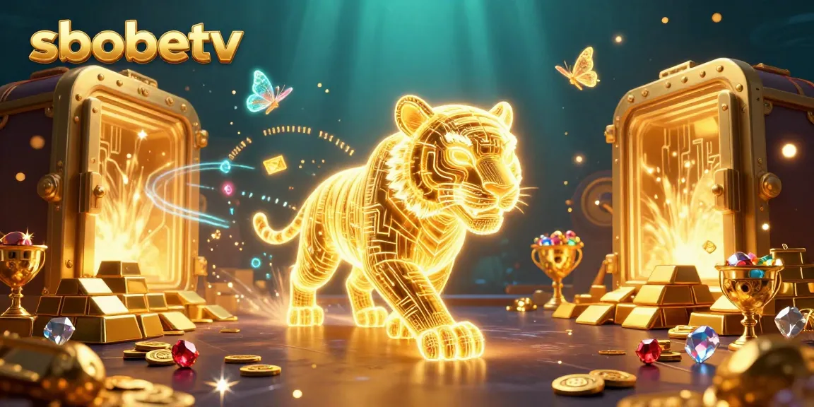 Experience sbobetv in a vibrant digital casino, featuring a neon tiger amidst treasures and data butterflies.