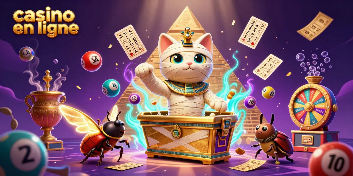 Célébrez votre chance dans un casino en ligne avec le chat momie égyptien et des ballons colorés