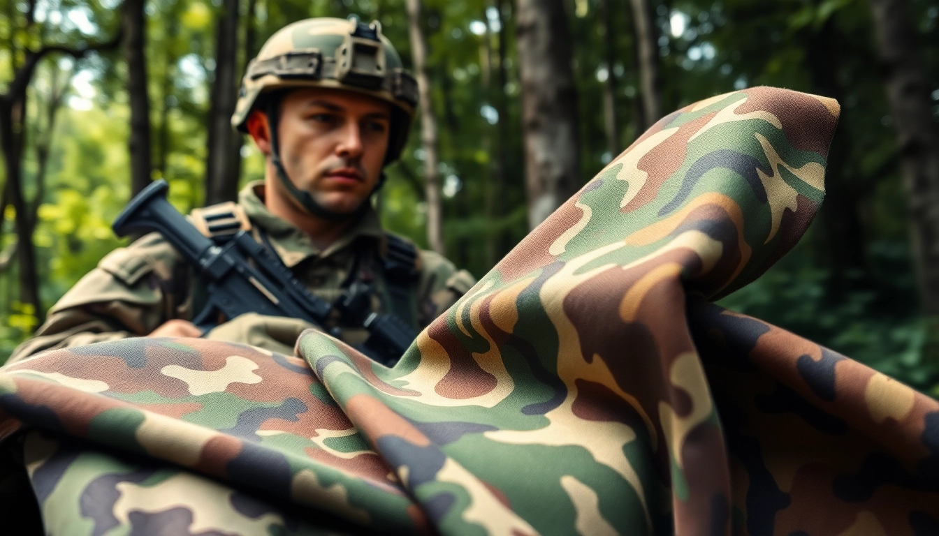 Verken diverse camouflage stoffen met een soldaat in een bosrijke omgeving.